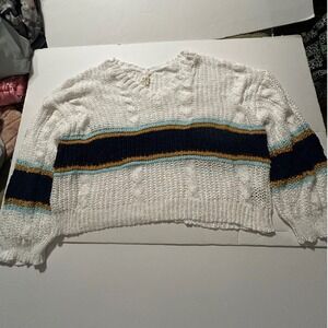 POL Womens White Striped Cable Open Knit V-Neck Sweater Large Coastal Boho